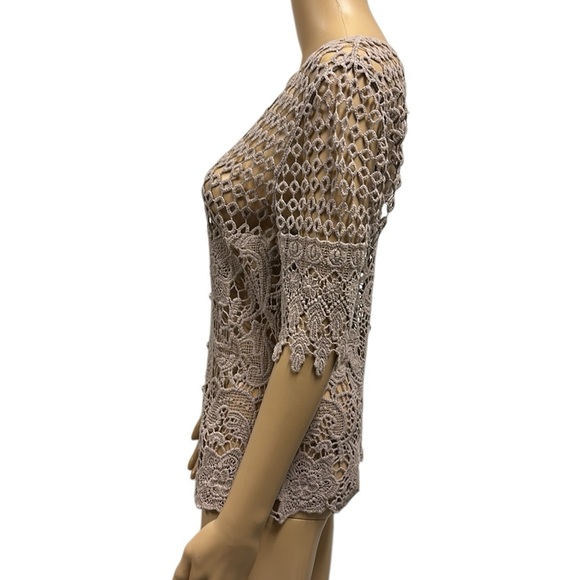 Questions by Say What Tan Crochet Knit Gem Button Down Half Sleeve Top Womens S - Picture 2 of 8
